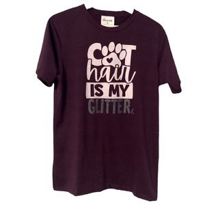 Cat Lady "Cat Hair is my GLITTER :p” Graphic T-Shirt Purple Animal Lover Furry